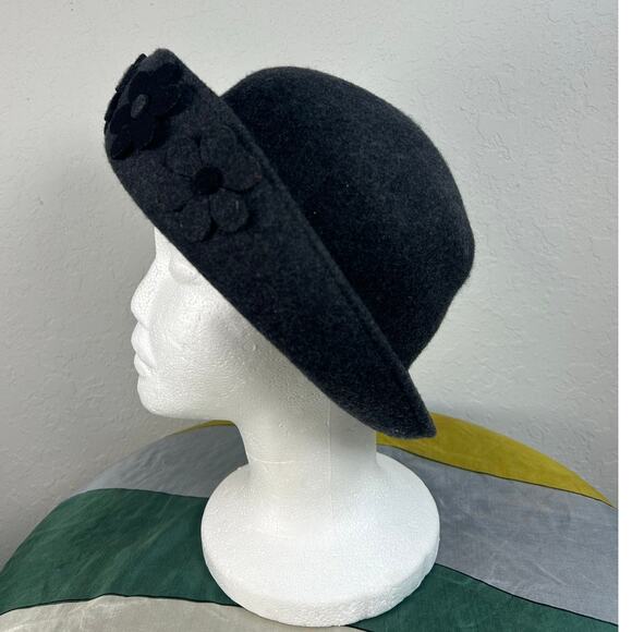 Dame- Vintage Wool Bowler Hat- Flower Cutout applique front- black gray- OSFM - Picture 7 of 8